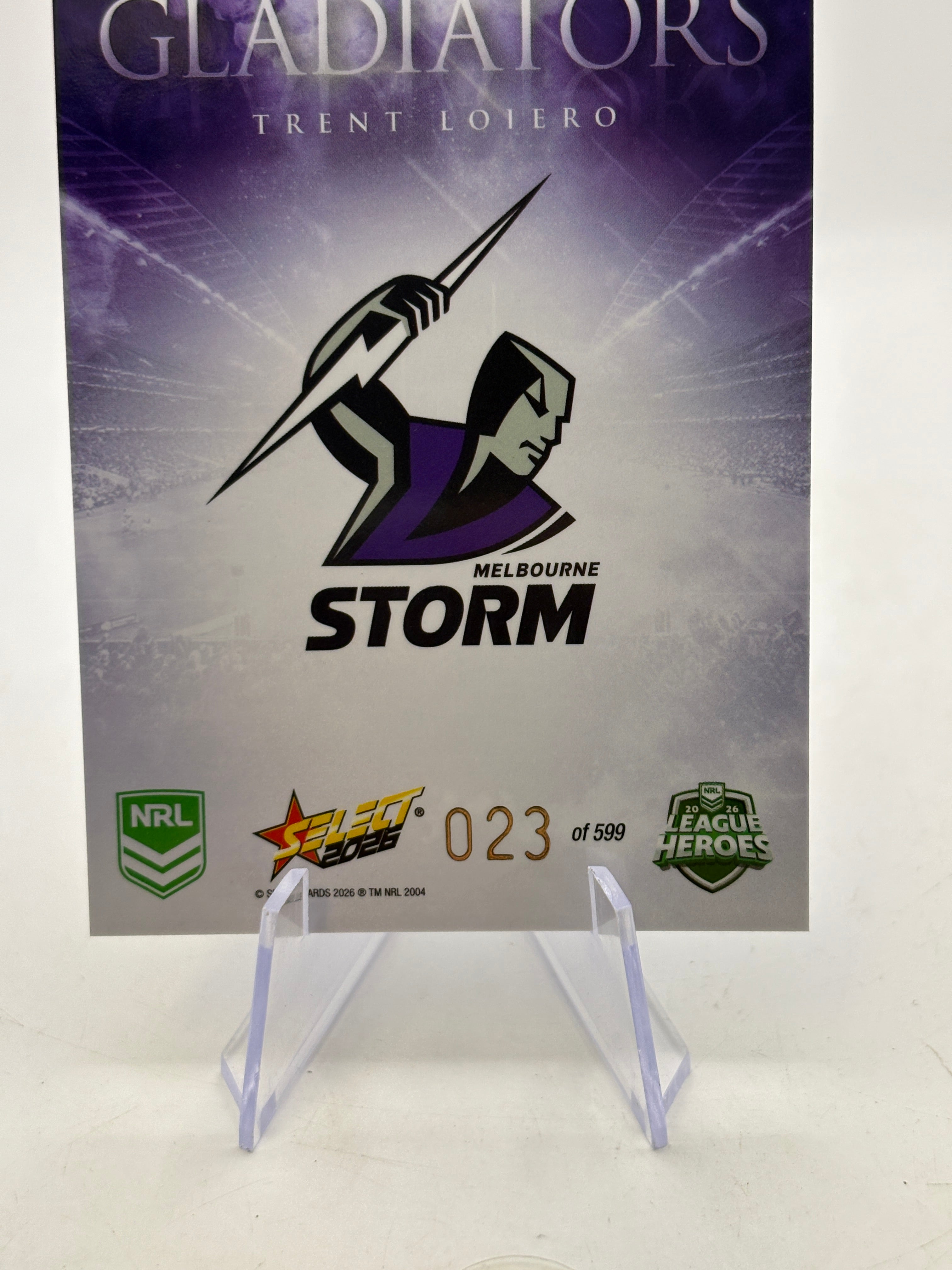 2026 NRL Select League Heroes Trent Loiero Gladiators /599 Melbourne Storm